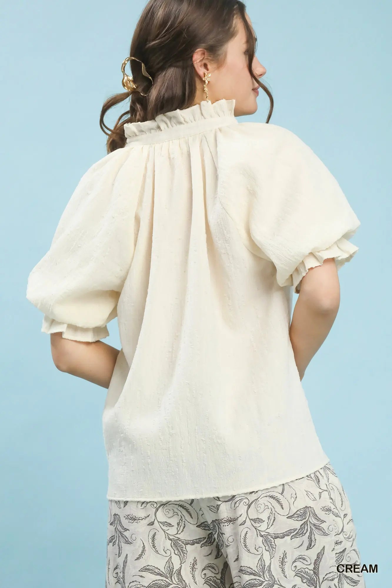 Textured Puff Sleeve Split Neck Top