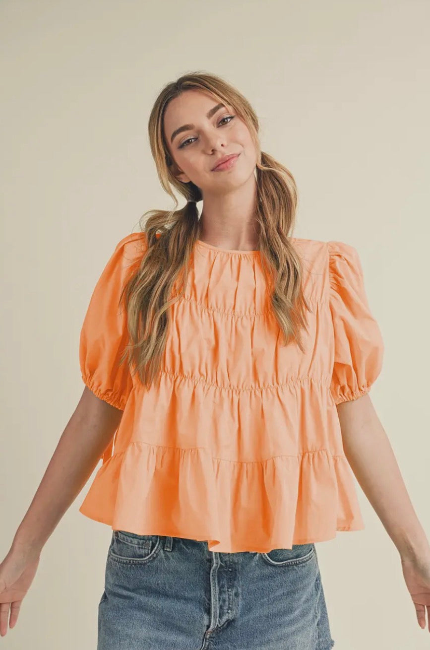 Tiered Shirring Puff Sleeve Top