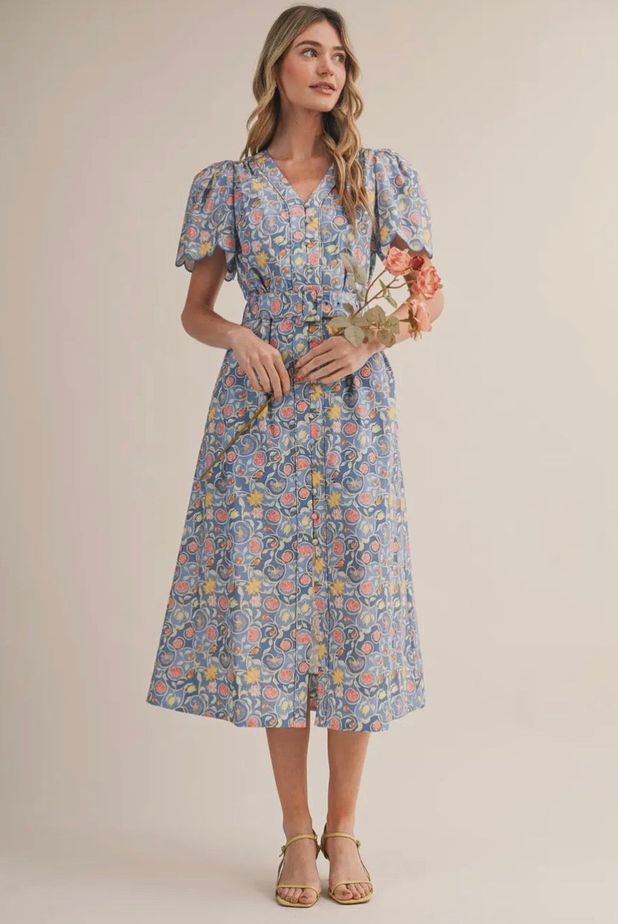 Floral Print Button Down Belted Midi Dress