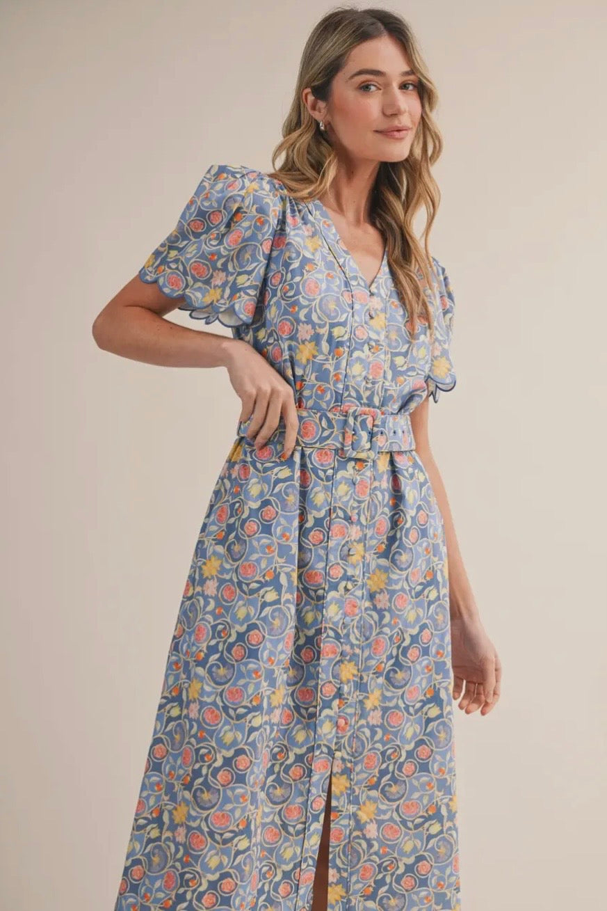 Floral Print Button Down Belted Midi Dress