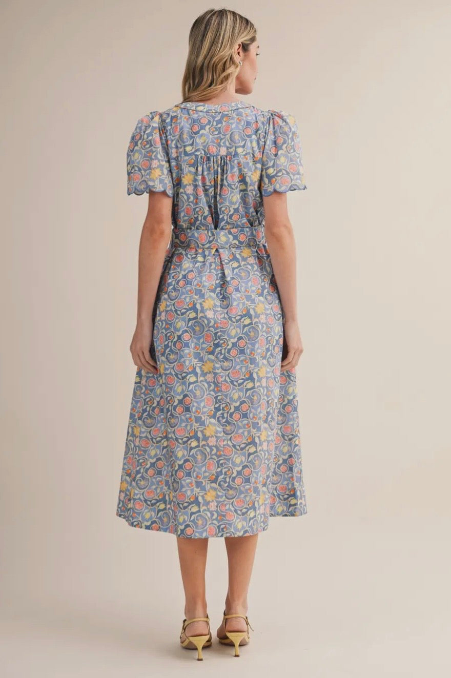 Floral Print Button Down Belted Midi Dress