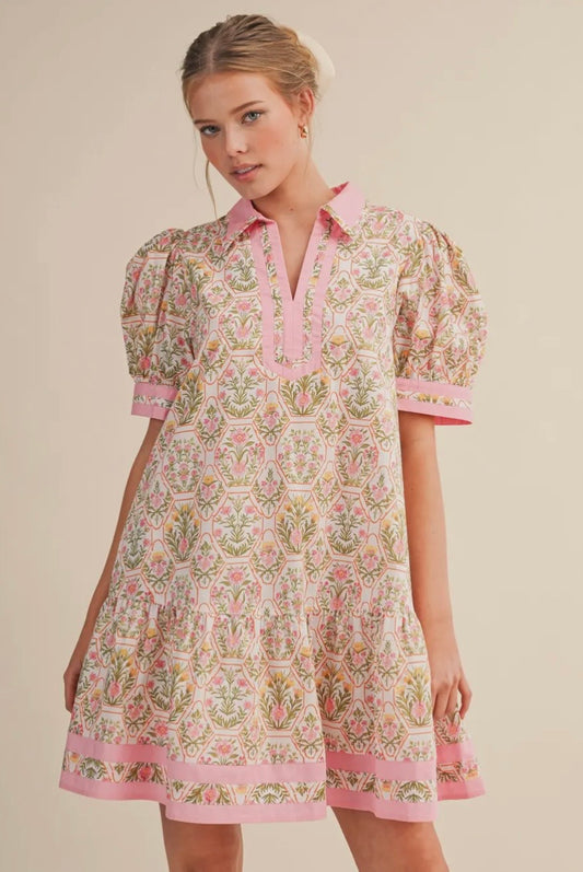 Floral Puff Sleeve Drop Waist Mini Dress