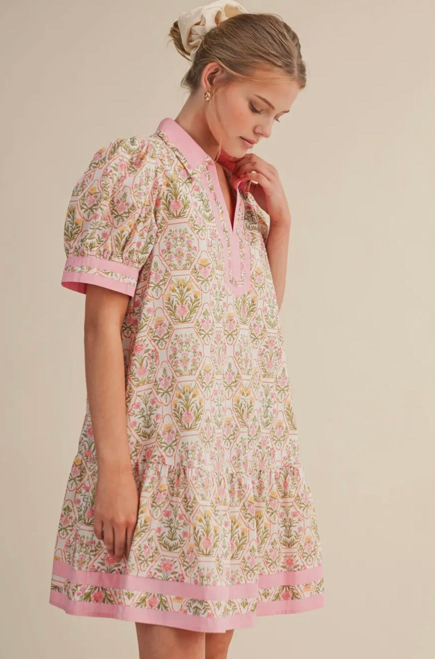 Floral Puff Sleeve Drop Waist Mini Dress