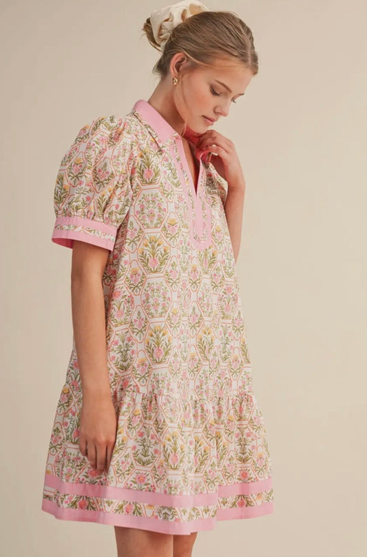 Floral Puff Sleeve Drop Waist Mini Dress