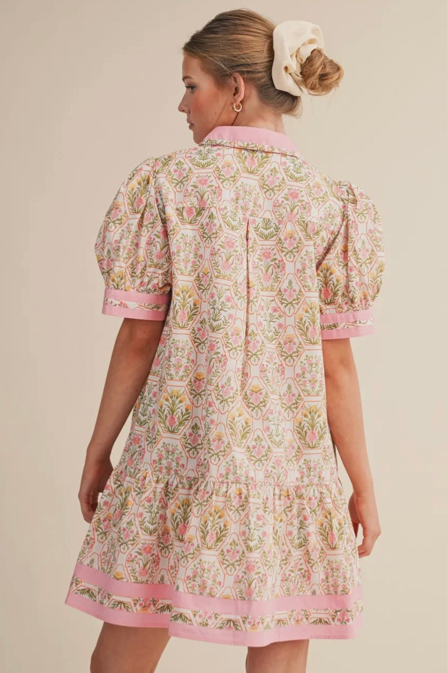 Floral Puff Sleeve Drop Waist Mini Dress