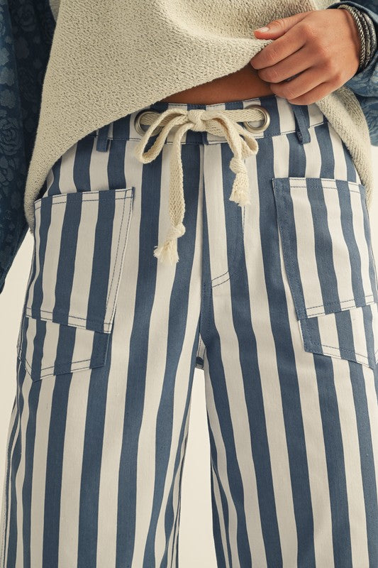Cotton Striped Pocket Rope String Pants