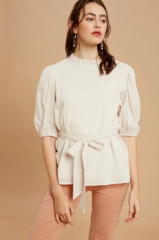 Textured Ruffle Neck Puff Sleeve Cotton Top