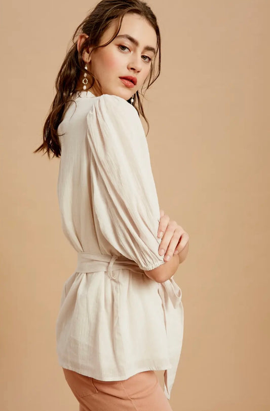Textured Ruffle Neck Puff Sleeve Cotton Top