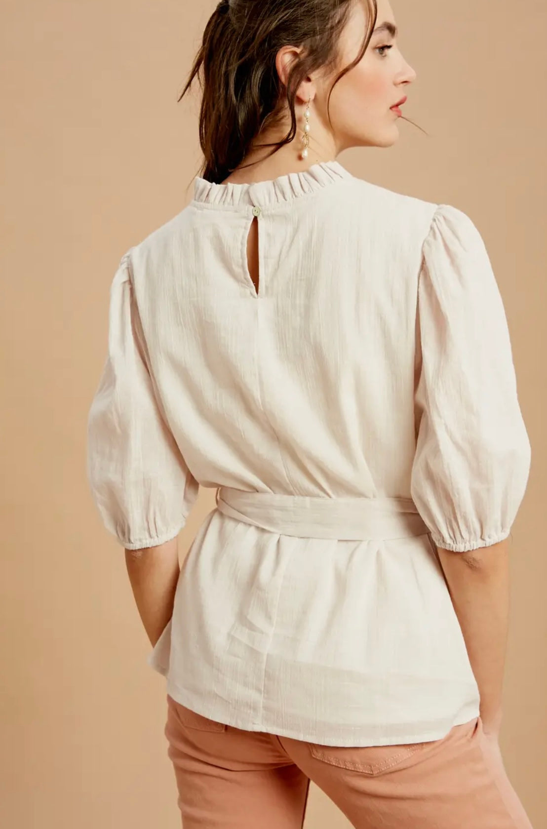 Textured Ruffle Neck Puff Sleeve Cotton Top