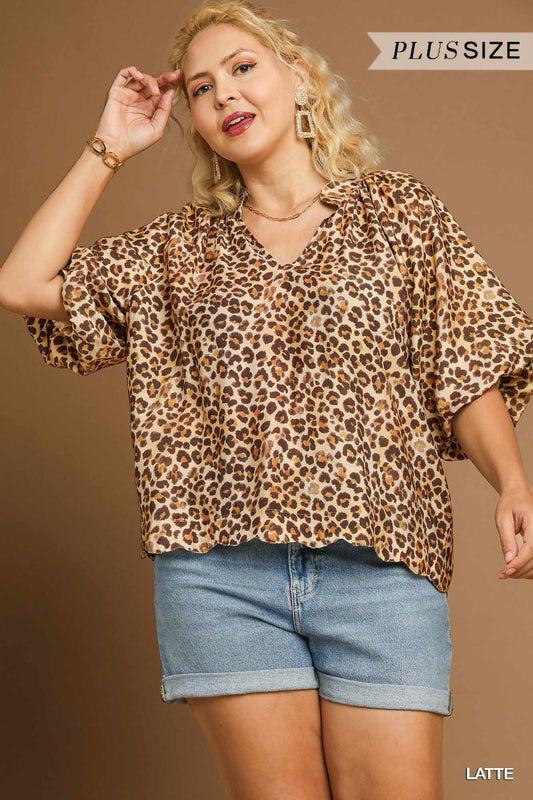 Plus Leopard Scalloped Hem Blouse