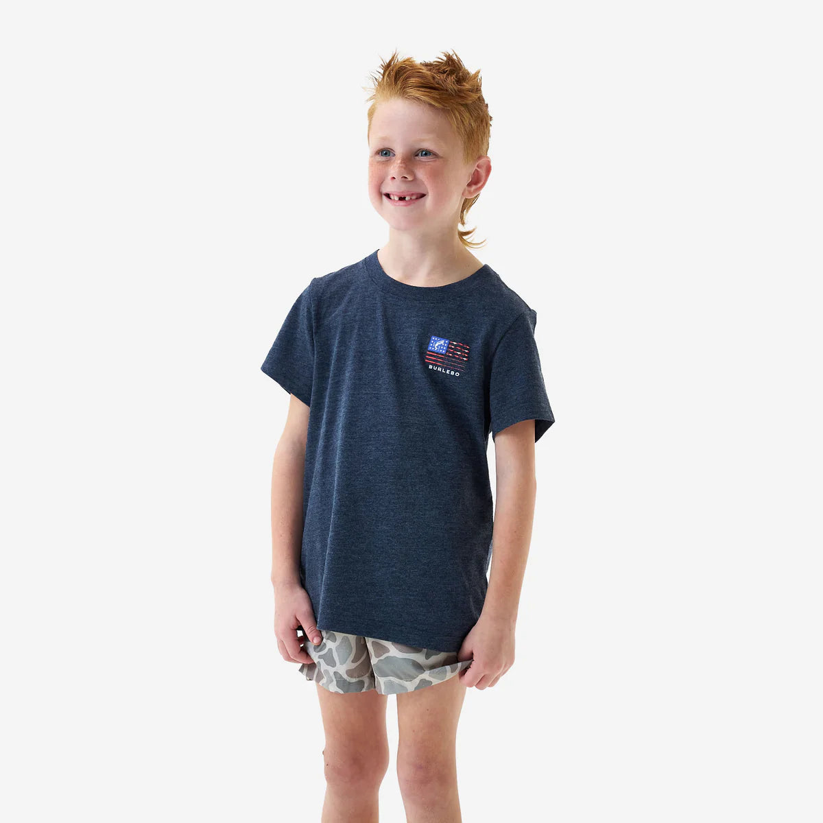 Burlebo Youth Short Sleeve Tee - Fishing USA - Heather Navy