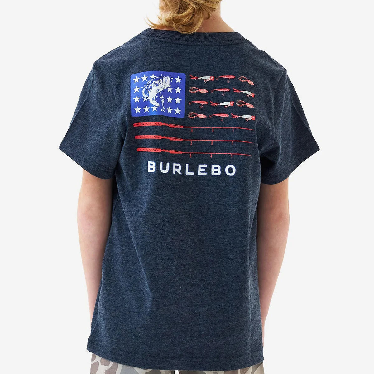 Burlebo Youth Short Sleeve Tee - Fishing USA - Heather Navy