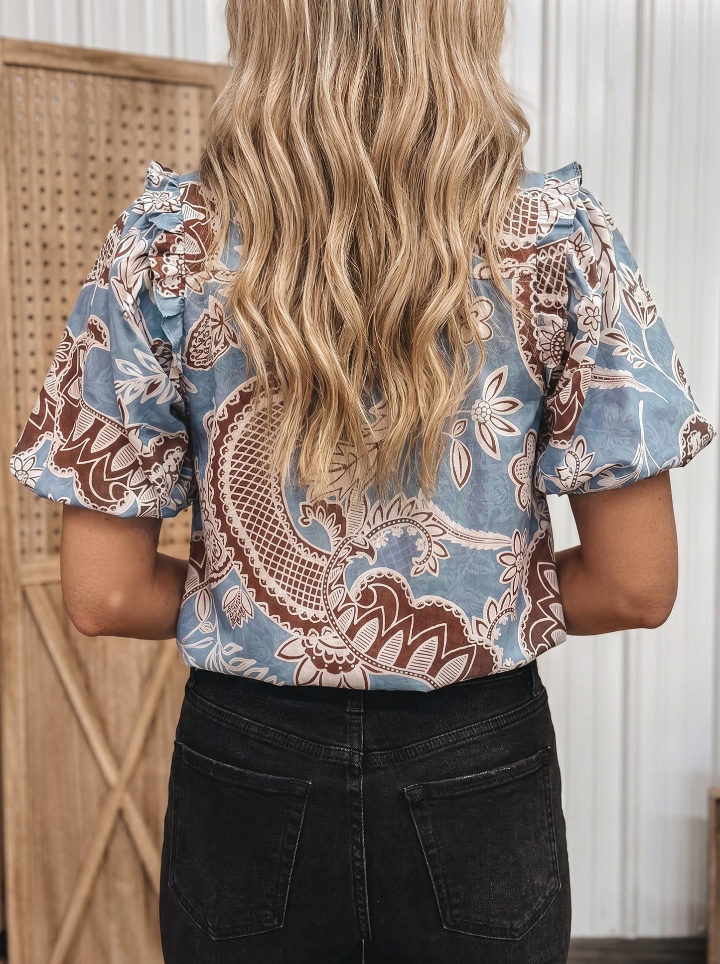 Print Scalloped Trim Button Down Top