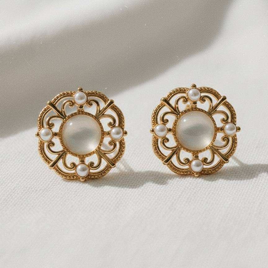 Gold Plated Cat's Eye Hollow Stud Earrings