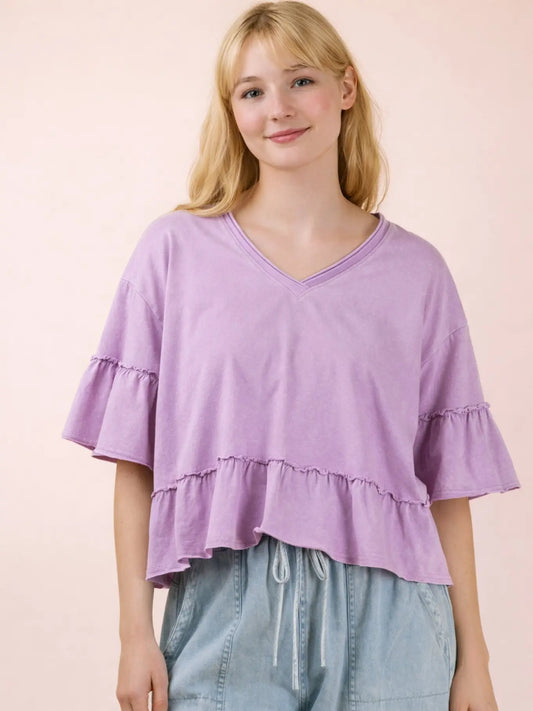 Mineral Washed Ruffle Detail Knit Top