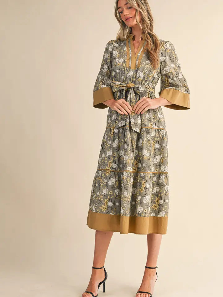 Floral Print Contrast Binding Belted Midi Dress