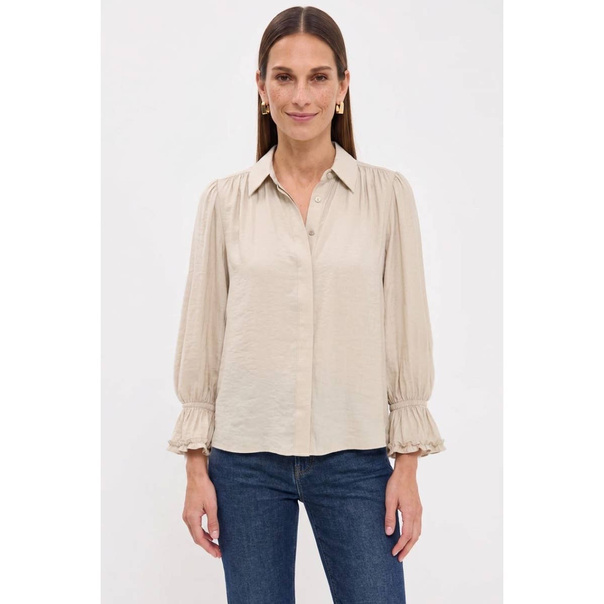 Ruffle Cuff Silky Button Up Blouse