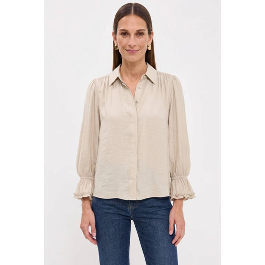 Ruffle Cuff Silky Button Up Blouse