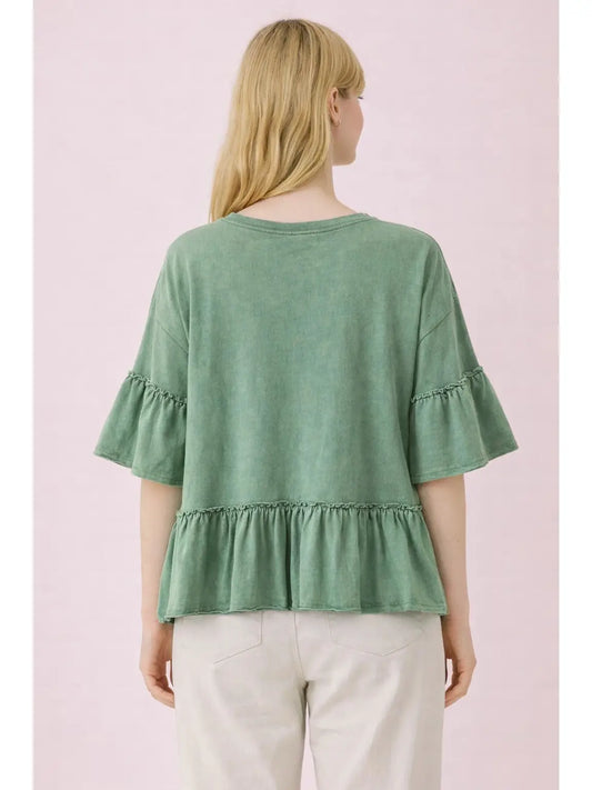 Mineral Washed Ruffle Detail Knit Top