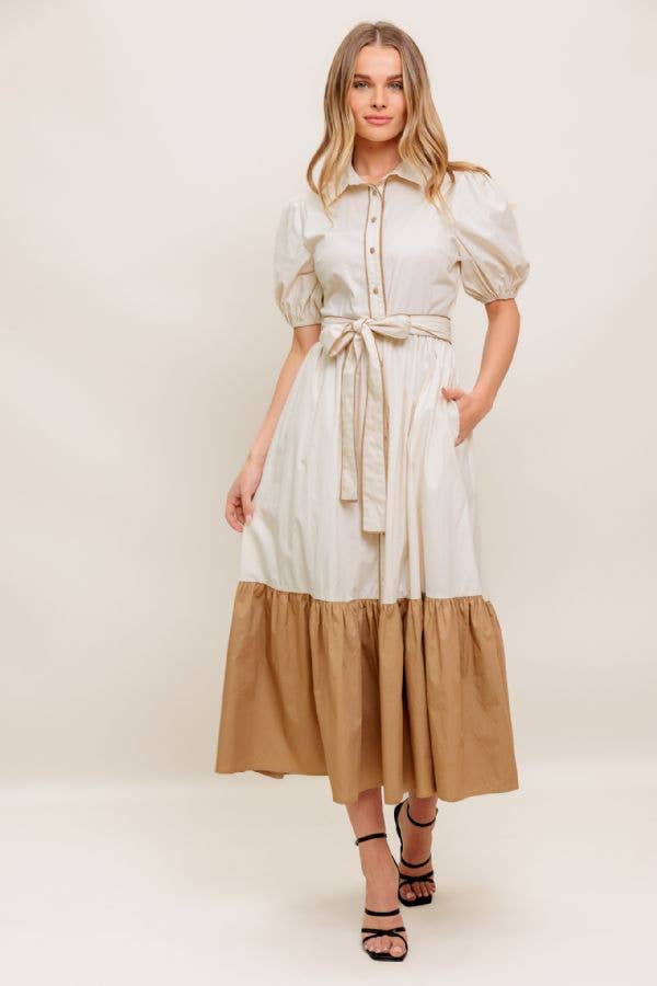 Color Block Midi Dress-Cream