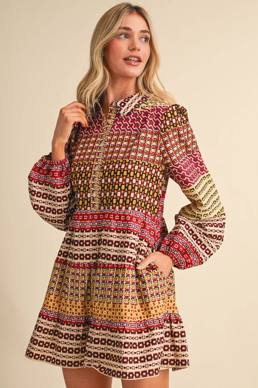 Border Print Button Down Mini Dress