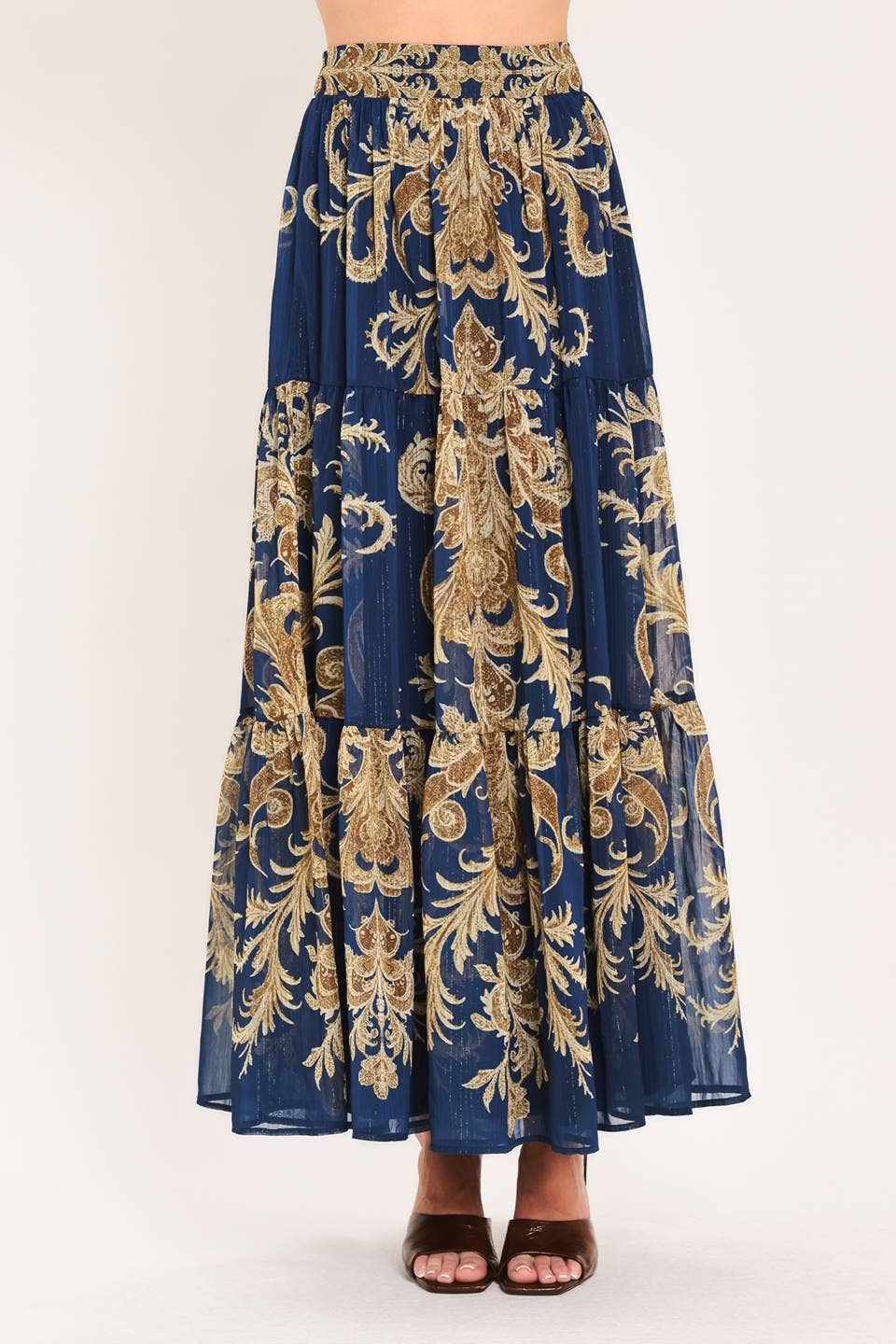 Printed Woven Maxi Skirt-Navy