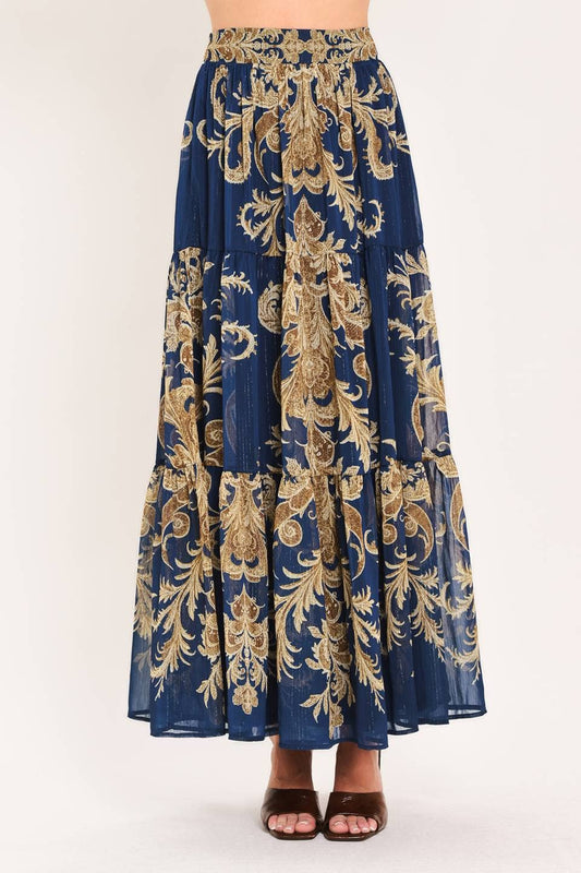 Printed Woven Maxi Skirt-Navy