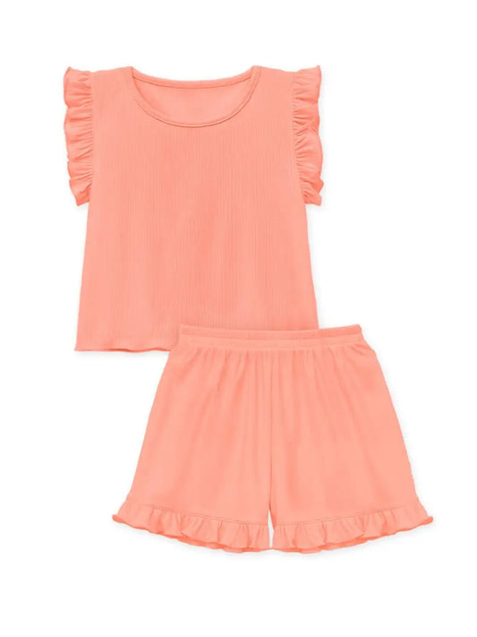 Girls Ribbed Ruffle Sleeve Short Set