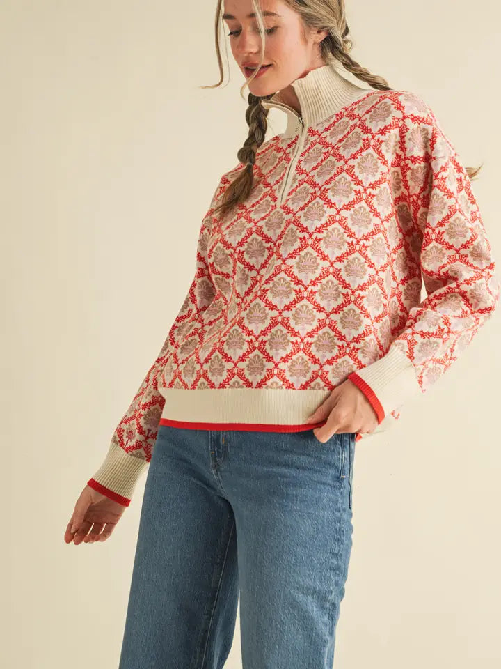 Floral Mock Neck Half Zip Pullover