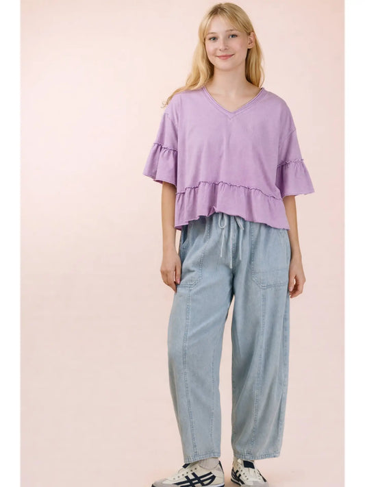 Mineral Washed Ruffle Detail Knit Top