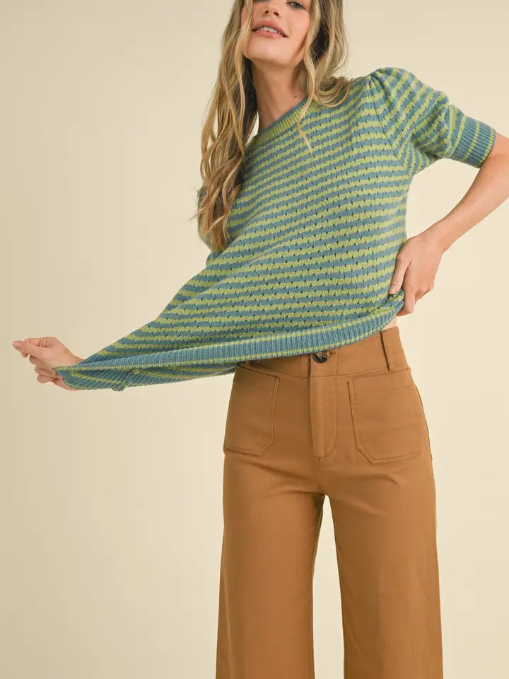 Striped Knit Puff Sleeve Sweater