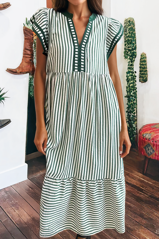 Striped Contrast V Neck Midi Dress