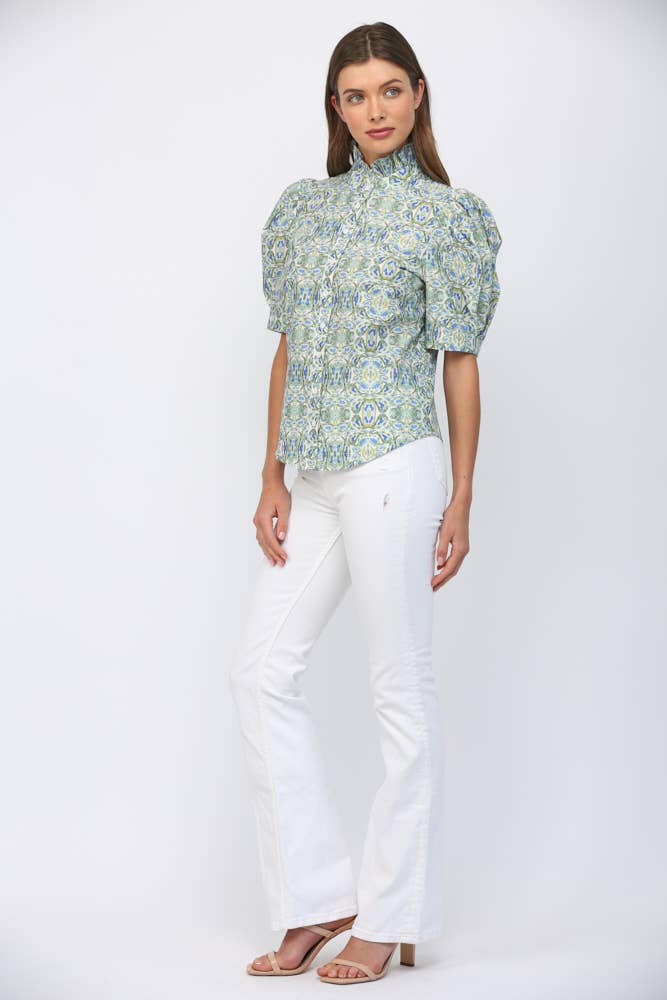 Puff Sleeve Ruffle Neck Top