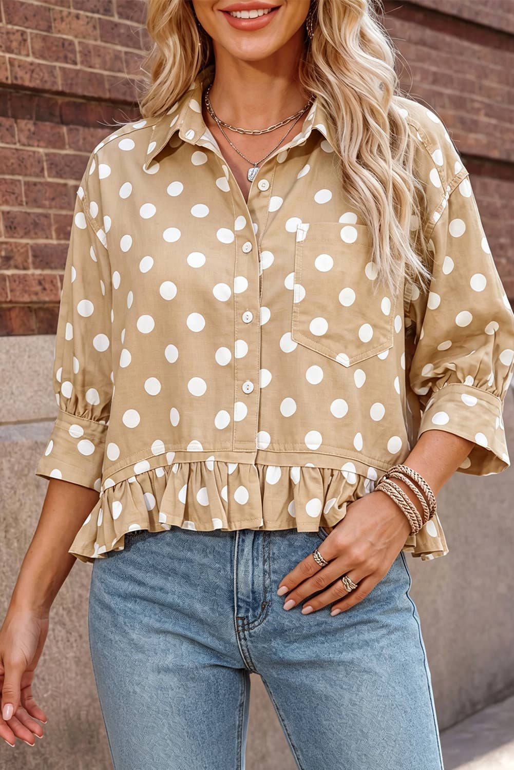 Polka Dot Ruffle Hem Button Up Top